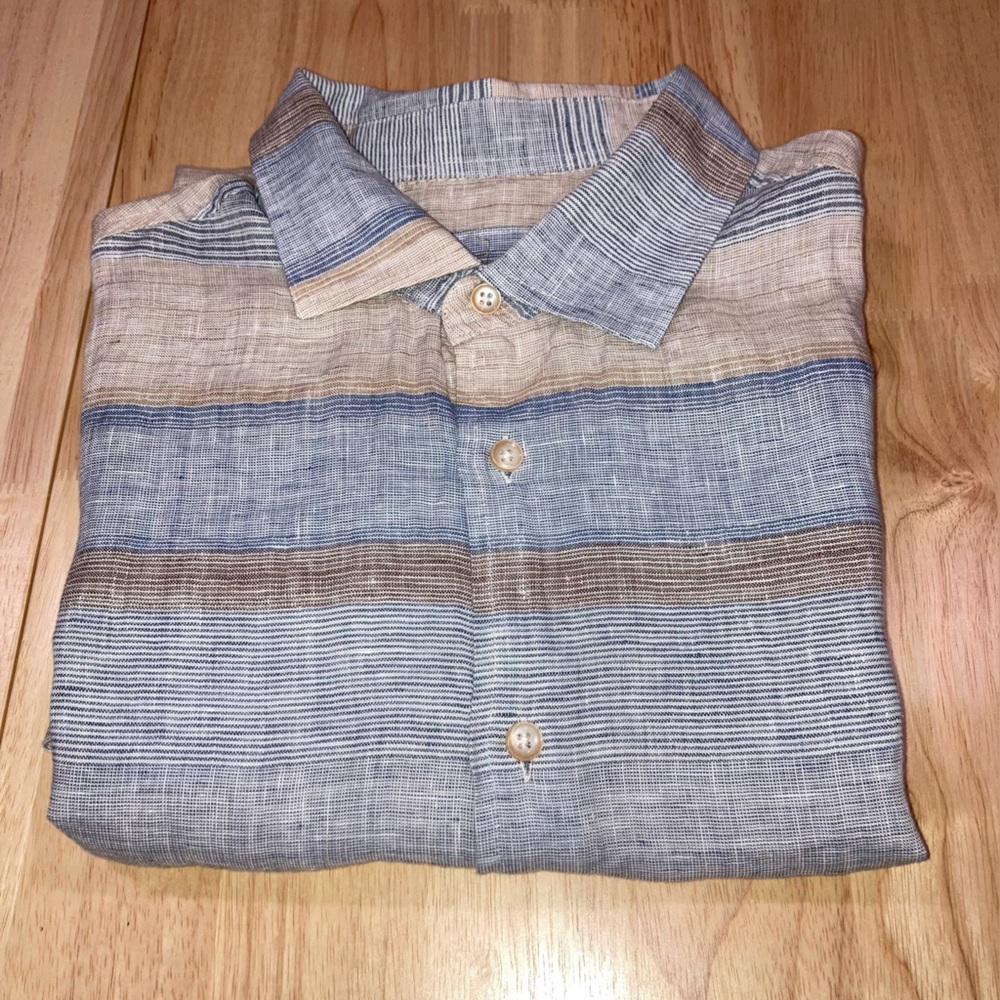 Tasso Elba Blue and Tan Striped 100% Linen Short Sleeve Casual Shirt Size L